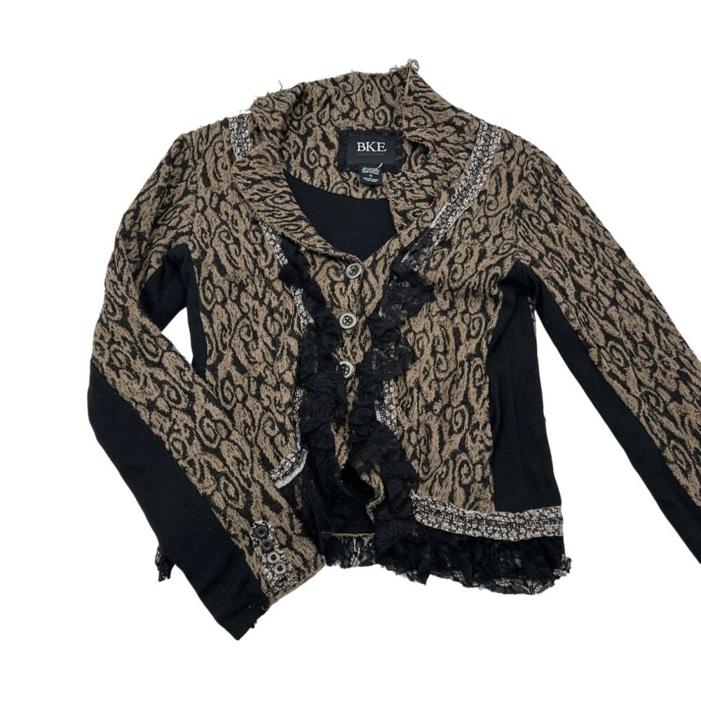 BKE Women's Medium Lace Trim Button Front Jacket Black & Tan‎ Patterned